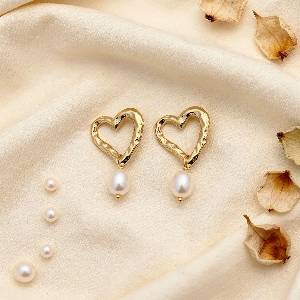 Hammered Heart Pearl Studs