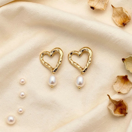 Hammered Heart Pearl Studs