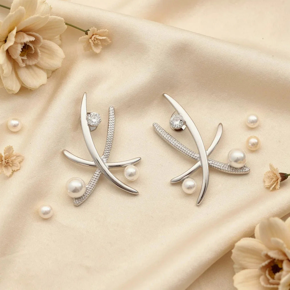 Sculptural Pearl Cross Earrings