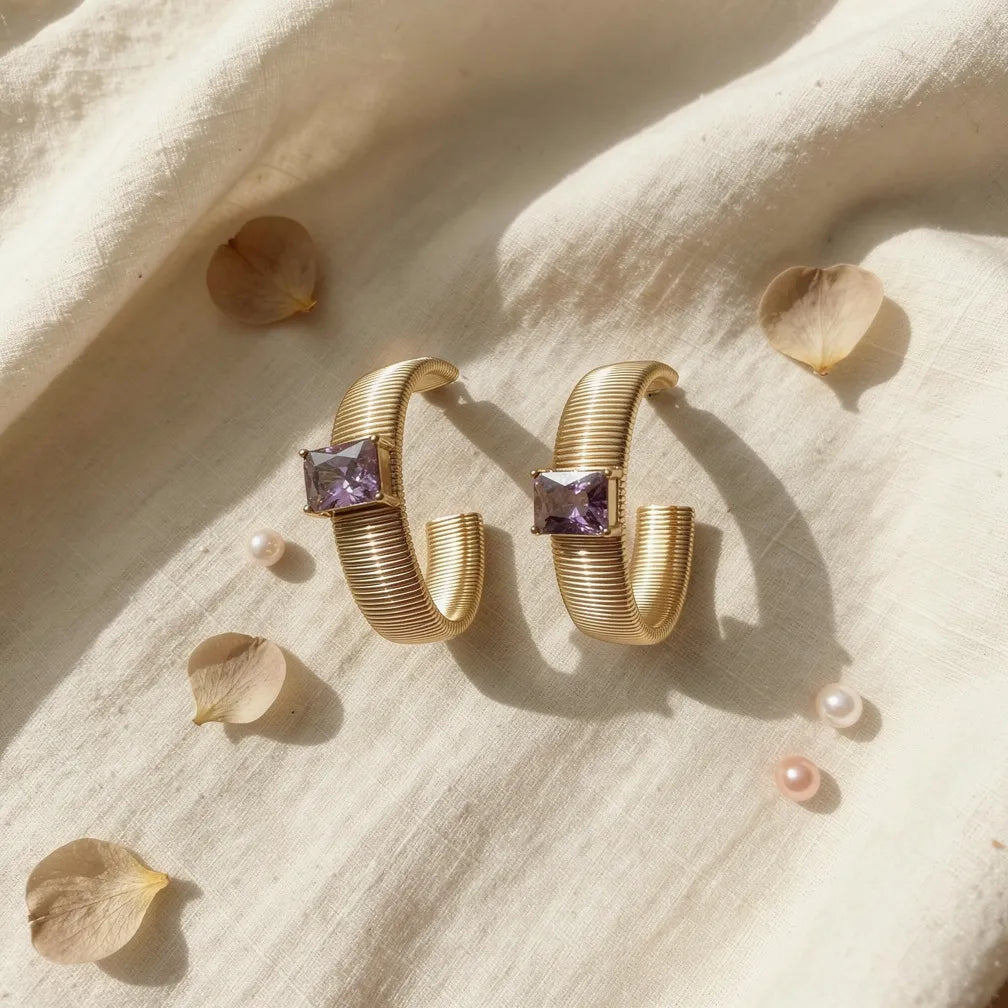 Ribbed Gold Hoops with Amethyst Accent