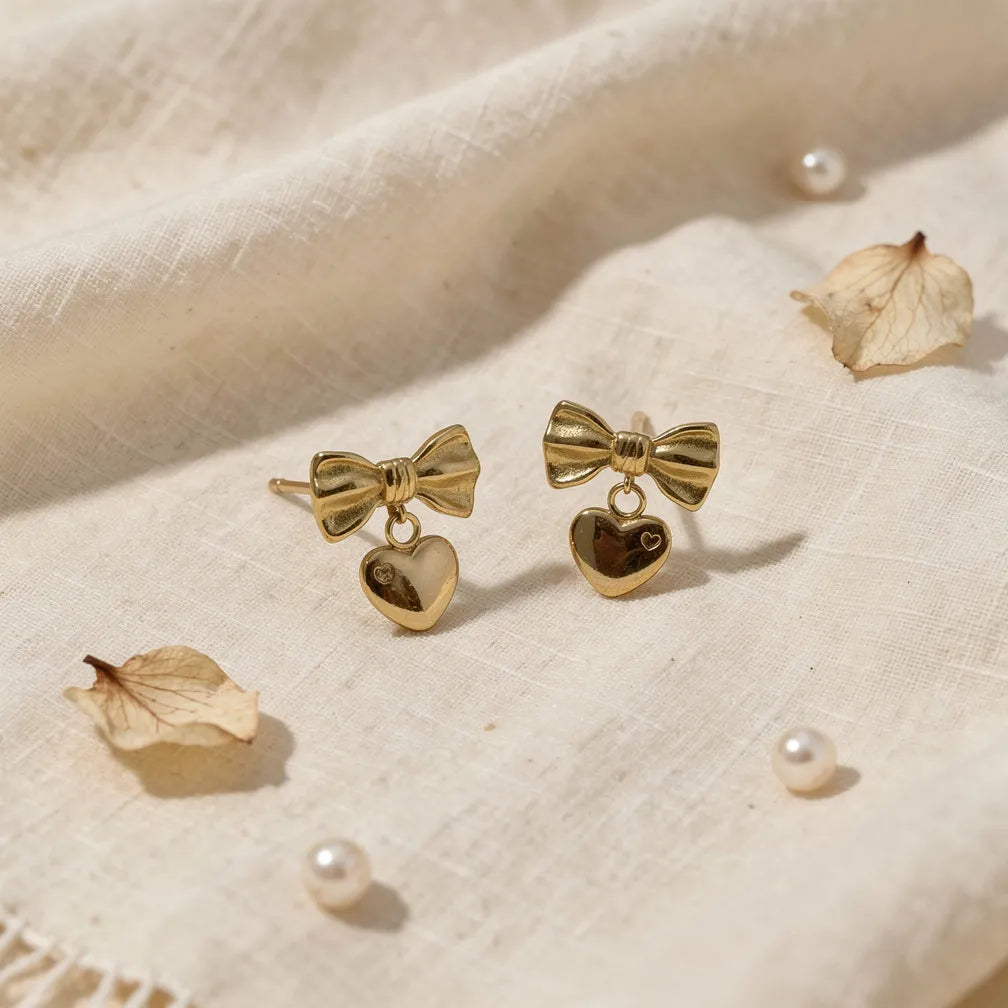 Bow Heart Gold Studs