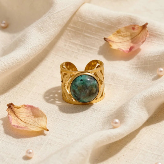 Ornate Leaf Gemstone Adjustable Ring