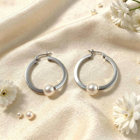 Sculpted Silver Pearl Hoops